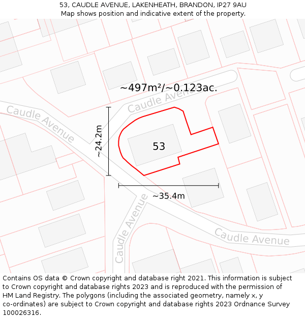 53, CAUDLE AVENUE, LAKENHEATH, BRANDON, IP27 9AU: Plot and title map