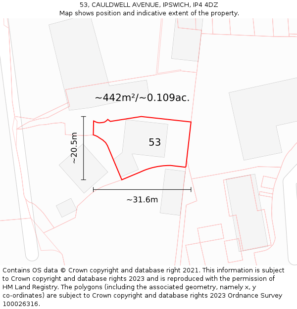 53, CAULDWELL AVENUE, IPSWICH, IP4 4DZ: Plot and title map