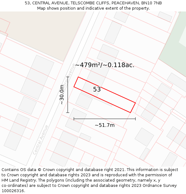 53, CENTRAL AVENUE, TELSCOMBE CLIFFS, PEACEHAVEN, BN10 7NB: Plot and title map