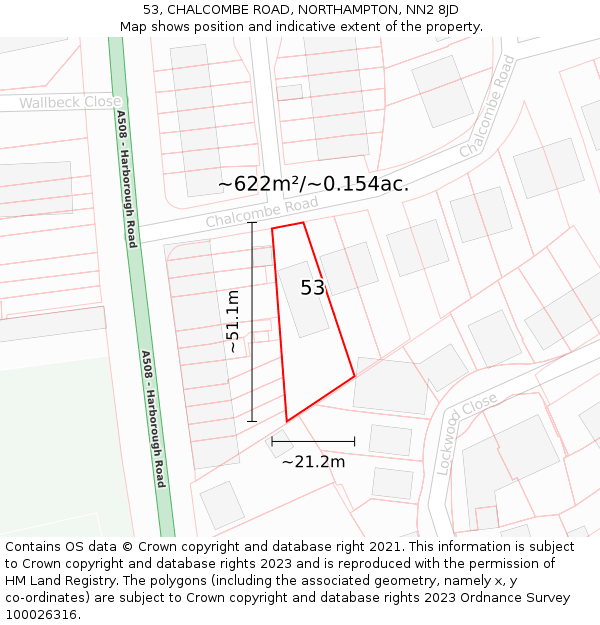 53, CHALCOMBE ROAD, NORTHAMPTON, NN2 8JD: Plot and title map