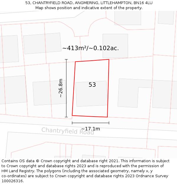 53, CHANTRYFIELD ROAD, ANGMERING, LITTLEHAMPTON, BN16 4LU: Plot and title map