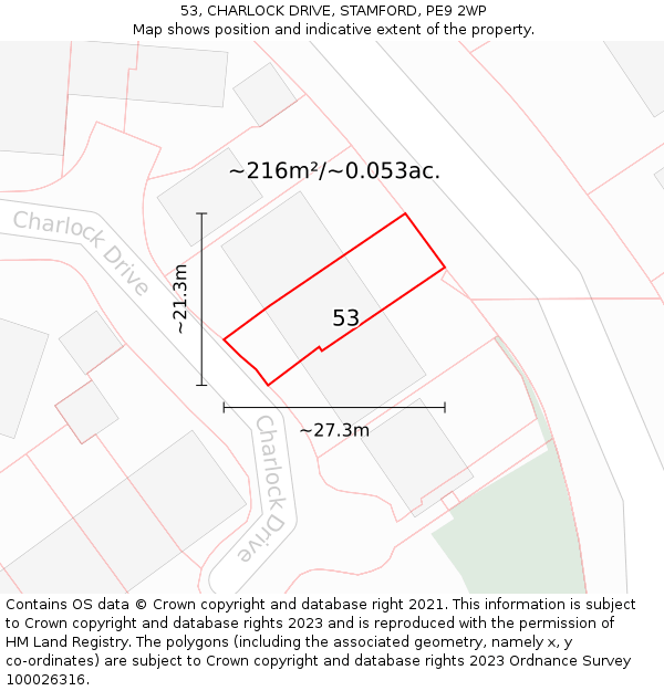 53, CHARLOCK DRIVE, STAMFORD, PE9 2WP: Plot and title map