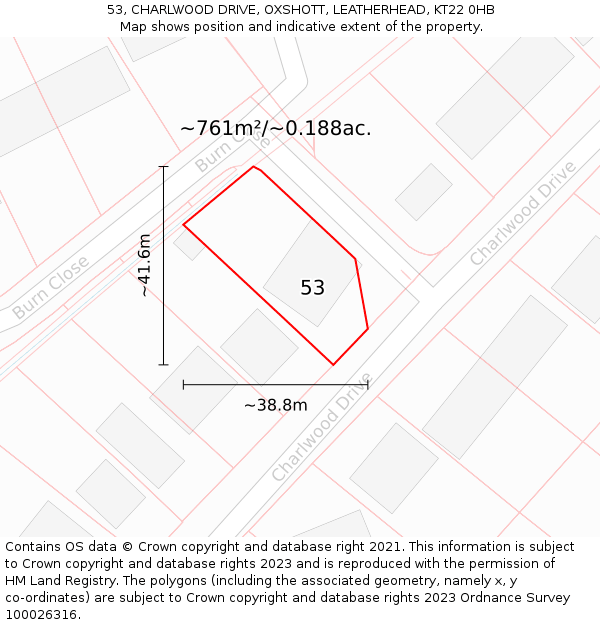 53, CHARLWOOD DRIVE, OXSHOTT, LEATHERHEAD, KT22 0HB: Plot and title map