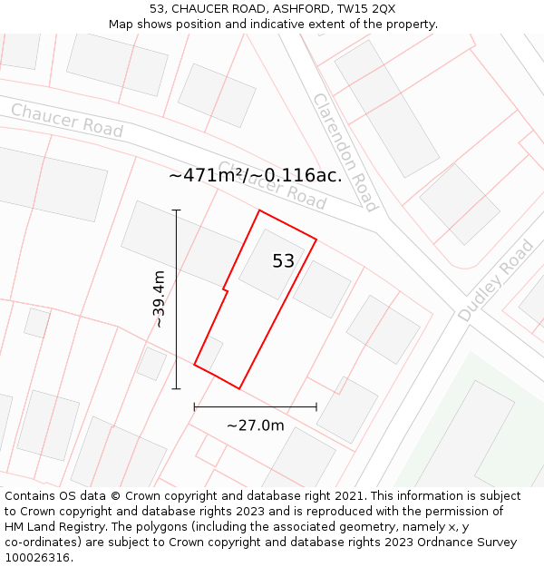 53, CHAUCER ROAD, ASHFORD, TW15 2QX: Plot and title map