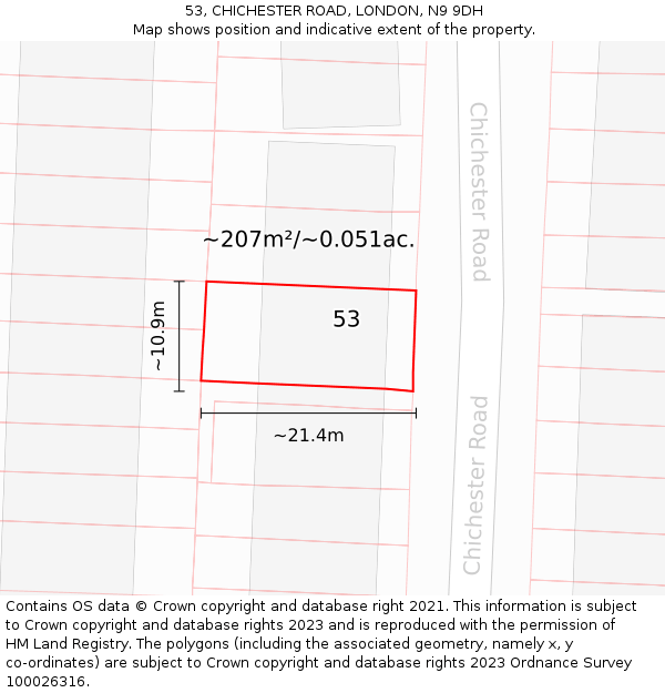 53, CHICHESTER ROAD, LONDON, N9 9DH: Plot and title map