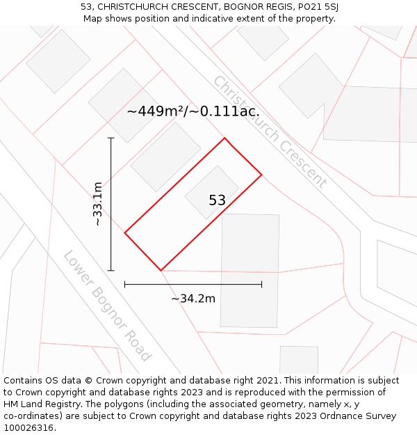 53, CHRISTCHURCH CRESCENT, BOGNOR REGIS, PO21 5SJ: Plot and title map