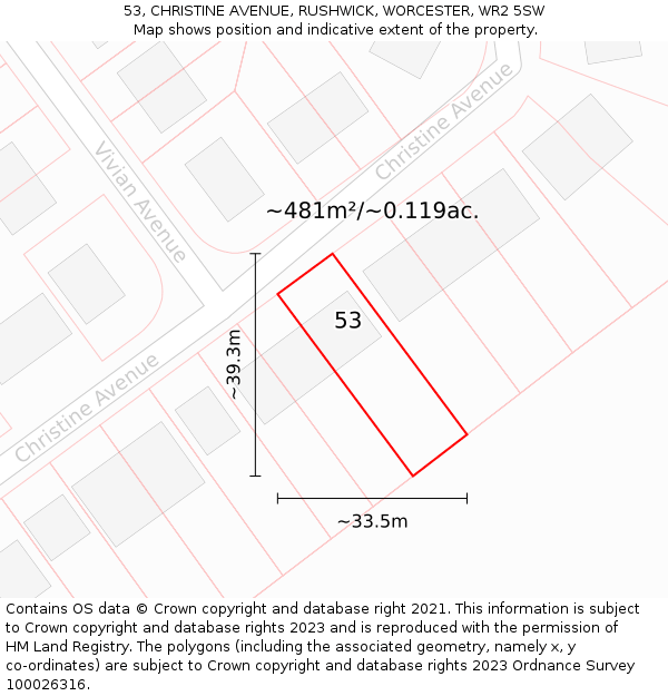 53, CHRISTINE AVENUE, RUSHWICK, WORCESTER, WR2 5SW: Plot and title map