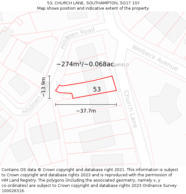 53, CHURCH LANE, SOUTHAMPTON, SO17 1SY: Plot and title map