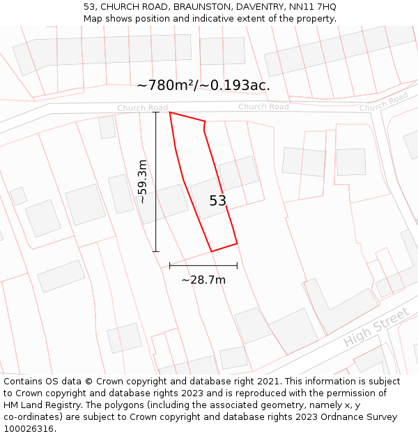 53, CHURCH ROAD, BRAUNSTON, DAVENTRY, NN11 7HQ: Plot and title map