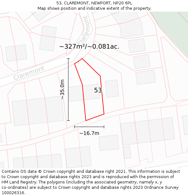 53, CLAREMONT, NEWPORT, NP20 6PL: Plot and title map