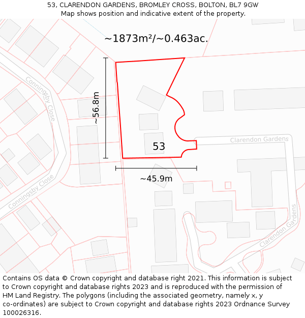 53, CLARENDON GARDENS, BROMLEY CROSS, BOLTON, BL7 9GW: Plot and title map