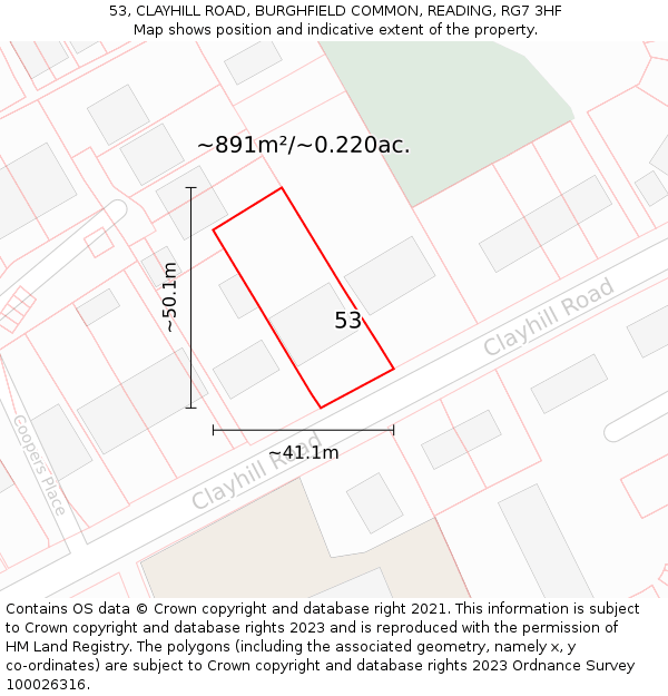 53, CLAYHILL ROAD, BURGHFIELD COMMON, READING, RG7 3HF: Plot and title map