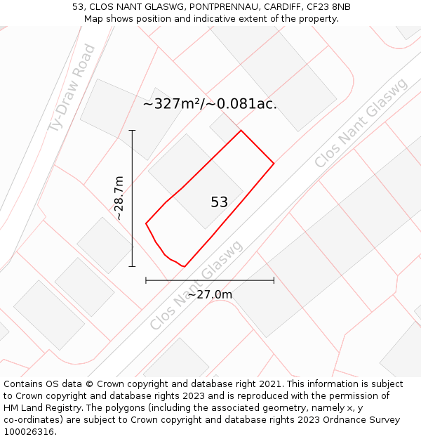 53, CLOS NANT GLASWG, PONTPRENNAU, CARDIFF, CF23 8NB: Plot and title map