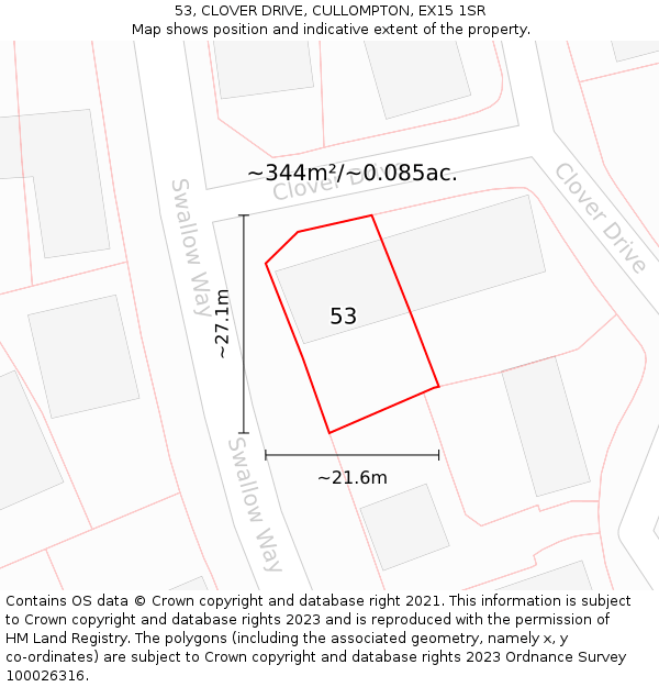 53, CLOVER DRIVE, CULLOMPTON, EX15 1SR: Plot and title map