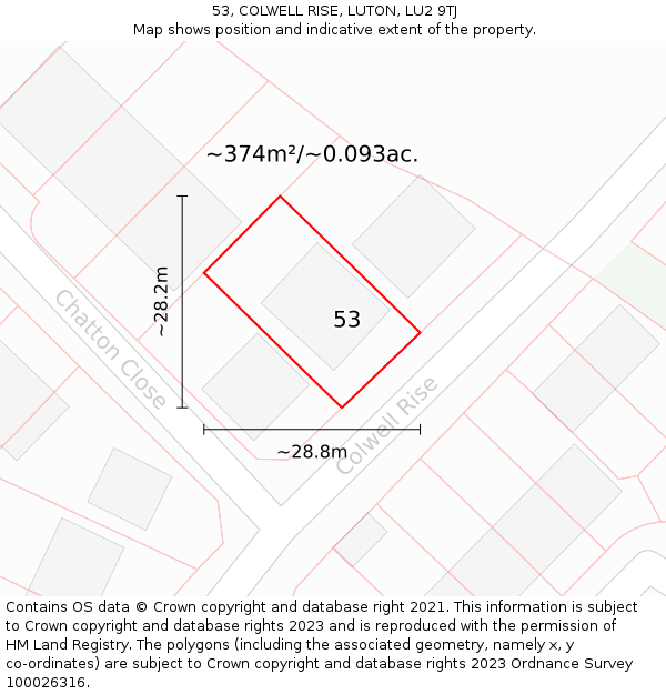 53, COLWELL RISE, LUTON, LU2 9TJ: Plot and title map