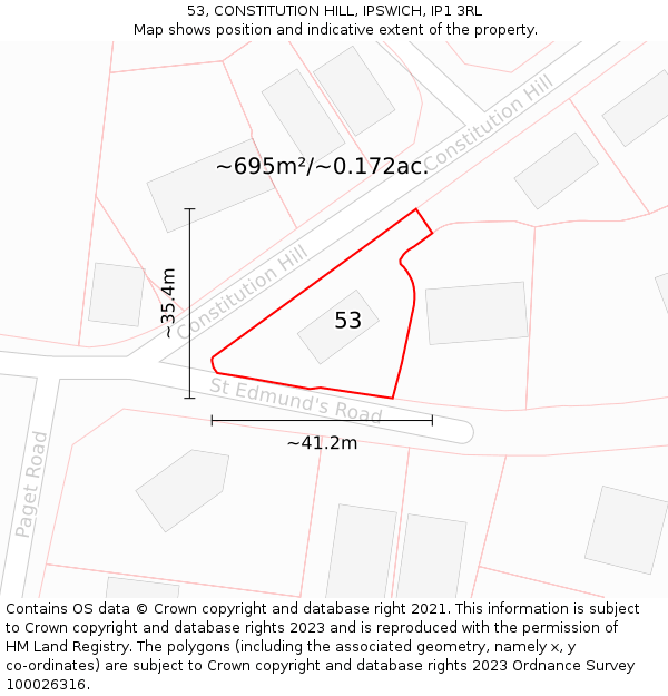 53, CONSTITUTION HILL, IPSWICH, IP1 3RL: Plot and title map