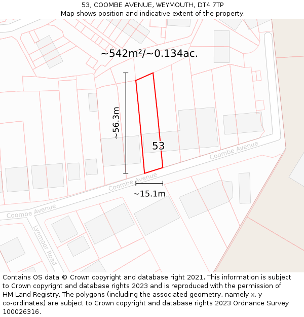 53, COOMBE AVENUE, WEYMOUTH, DT4 7TP: Plot and title map