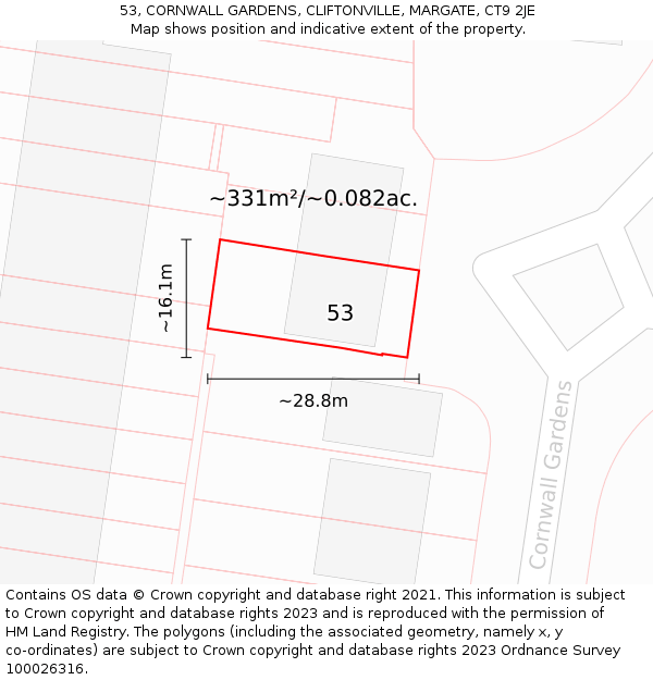 53, CORNWALL GARDENS, CLIFTONVILLE, MARGATE, CT9 2JE: Plot and title map