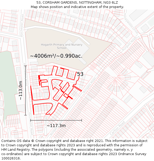 53, CORSHAM GARDENS, NOTTINGHAM, NG3 6LZ: Plot and title map