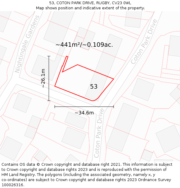 53, COTON PARK DRIVE, RUGBY, CV23 0WL: Plot and title map