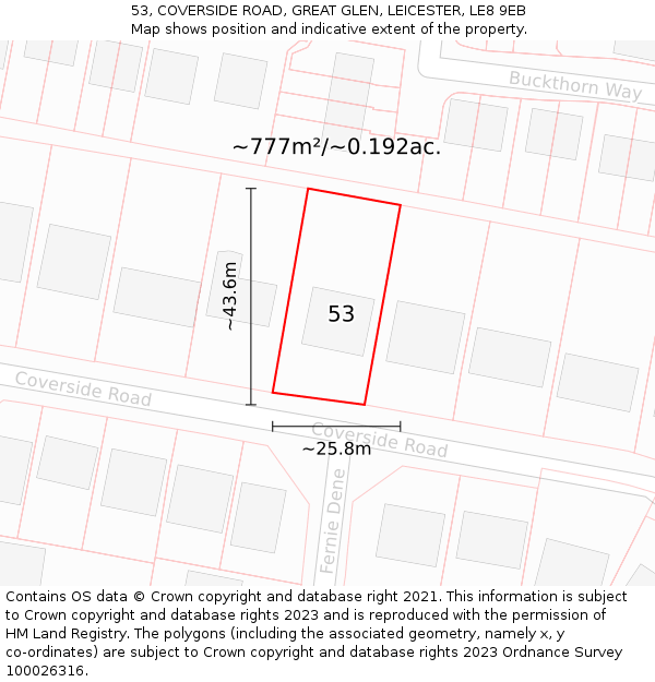 53, COVERSIDE ROAD, GREAT GLEN, LEICESTER, LE8 9EB: Plot and title map