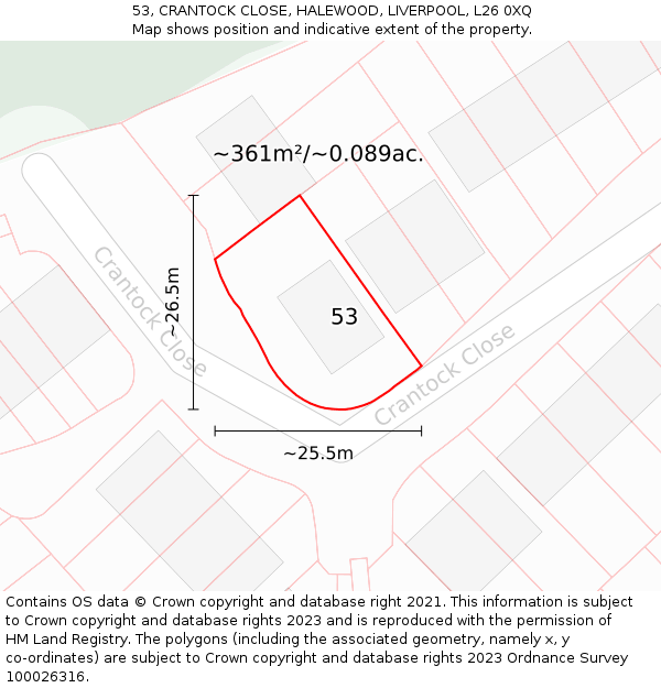 53, CRANTOCK CLOSE, HALEWOOD, LIVERPOOL, L26 0XQ: Plot and title map