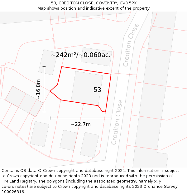 53, CREDITON CLOSE, COVENTRY, CV3 5PX: Plot and title map