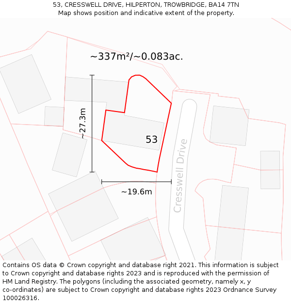 53, CRESSWELL DRIVE, HILPERTON, TROWBRIDGE, BA14 7TN: Plot and title map