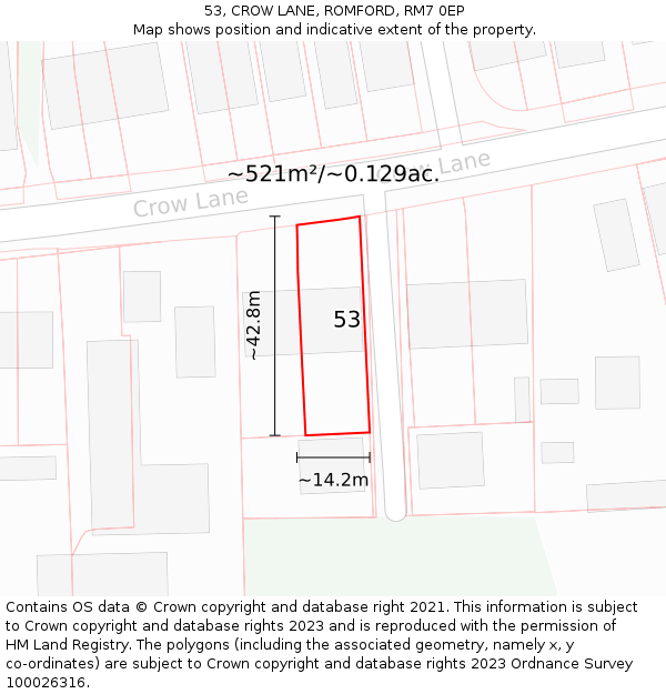 53, CROW LANE, ROMFORD, RM7 0EP: Plot and title map