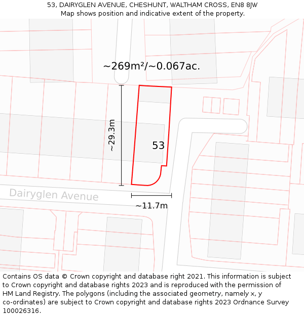 53, DAIRYGLEN AVENUE, CHESHUNT, WALTHAM CROSS, EN8 8JW: Plot and title map