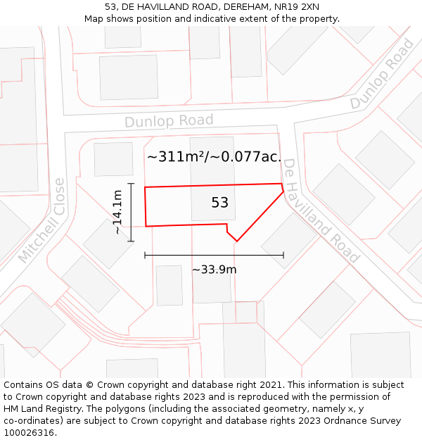 53, DE HAVILLAND ROAD, DEREHAM, NR19 2XN: Plot and title map