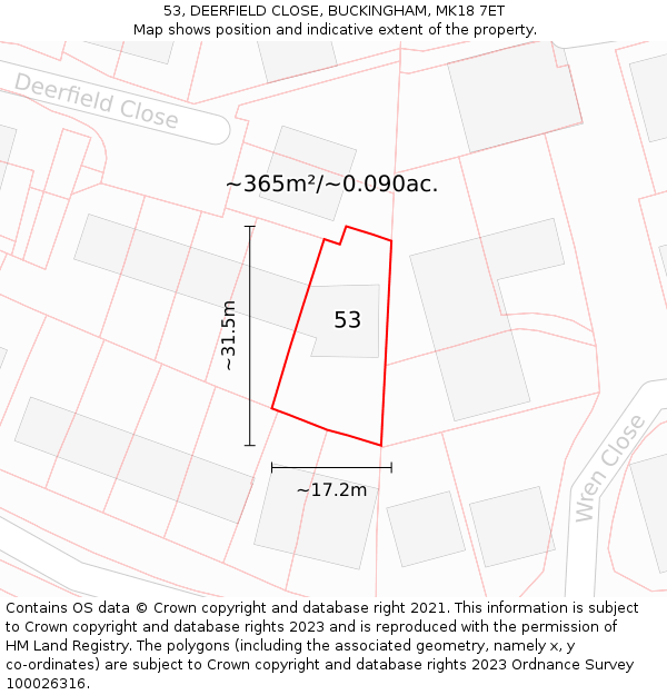 53, DEERFIELD CLOSE, BUCKINGHAM, MK18 7ET: Plot and title map