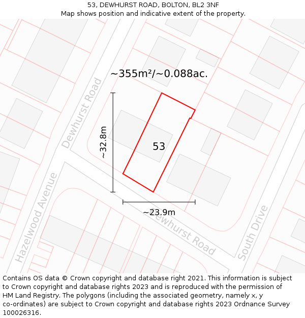 53, DEWHURST ROAD, BOLTON, BL2 3NF: Plot and title map