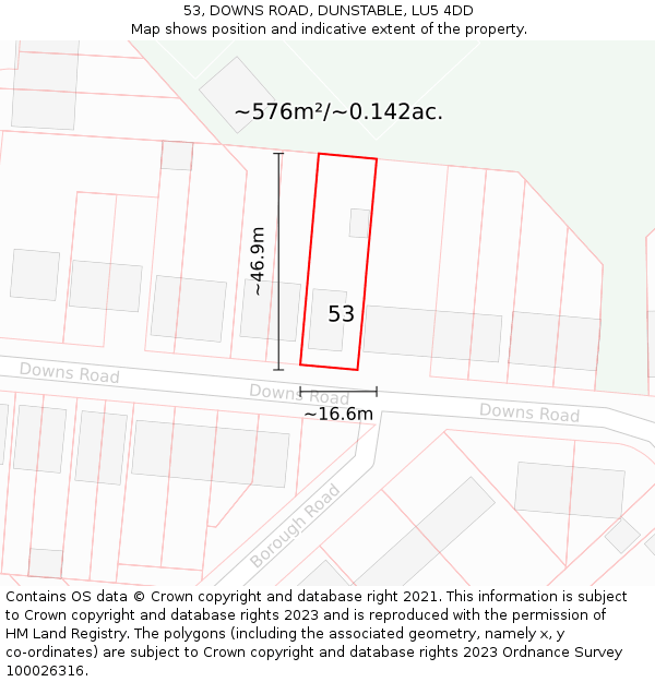 53, DOWNS ROAD, DUNSTABLE, LU5 4DD: Plot and title map