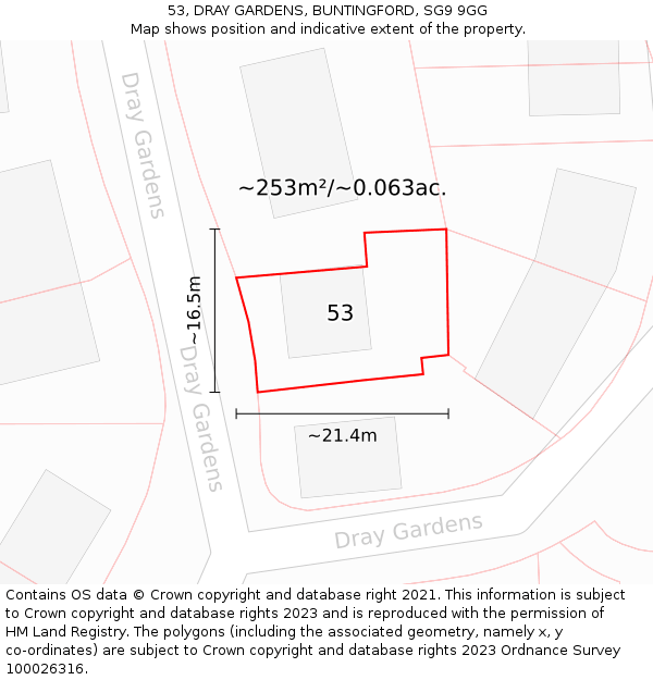 53, DRAY GARDENS, BUNTINGFORD, SG9 9GG: Plot and title map