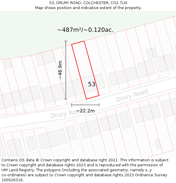 53, DRURY ROAD, COLCHESTER, CO2 7UX: Plot and title map