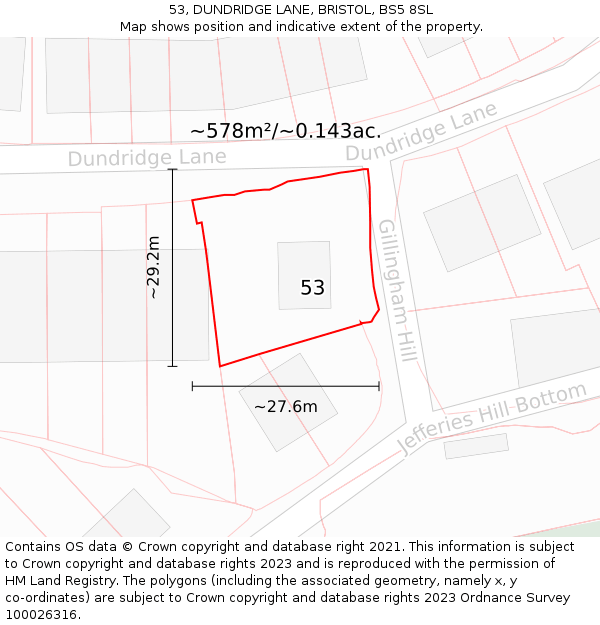 53, DUNDRIDGE LANE, BRISTOL, BS5 8SL: Plot and title map