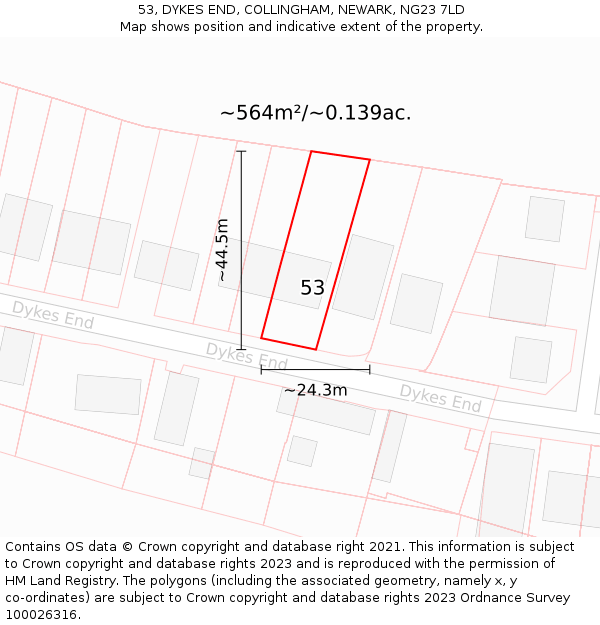 53, DYKES END, COLLINGHAM, NEWARK, NG23 7LD: Plot and title map