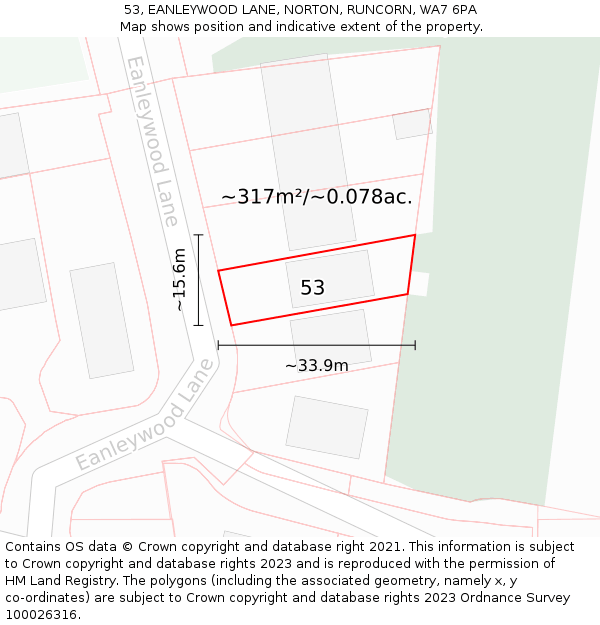 53, EANLEYWOOD LANE, NORTON, RUNCORN, WA7 6PA: Plot and title map