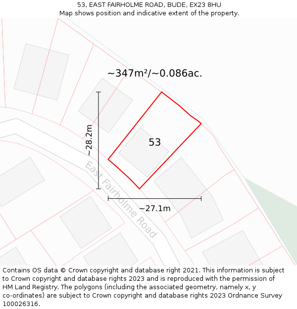 53, EAST FAIRHOLME ROAD, BUDE, EX23 8HU: Plot and title map