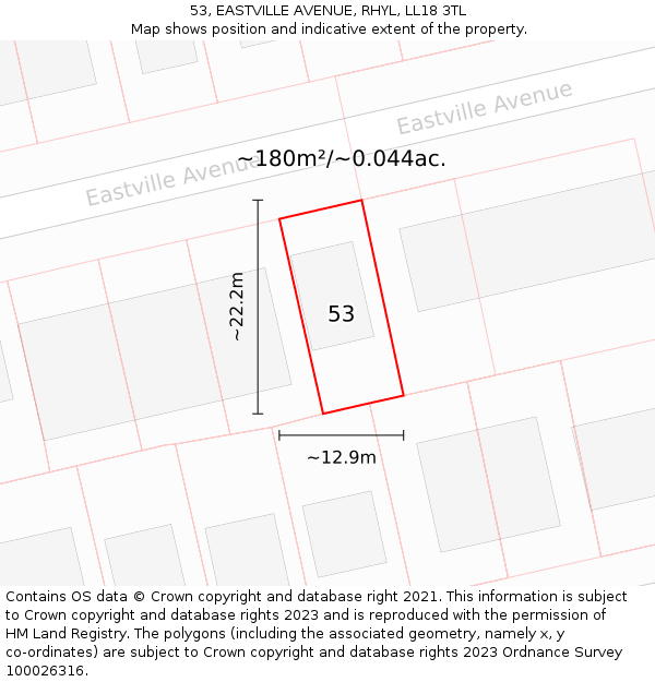 53, EASTVILLE AVENUE, RHYL, LL18 3TL: Plot and title map