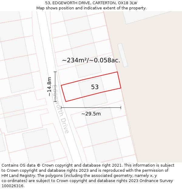 53, EDGEWORTH DRIVE, CARTERTON, OX18 3LW: Plot and title map