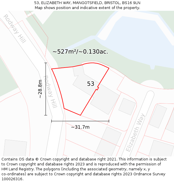 53, ELIZABETH WAY, MANGOTSFIELD, BRISTOL, BS16 9LN: Plot and title map