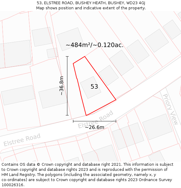 53, ELSTREE ROAD, BUSHEY HEATH, BUSHEY, WD23 4GJ: Plot and title map