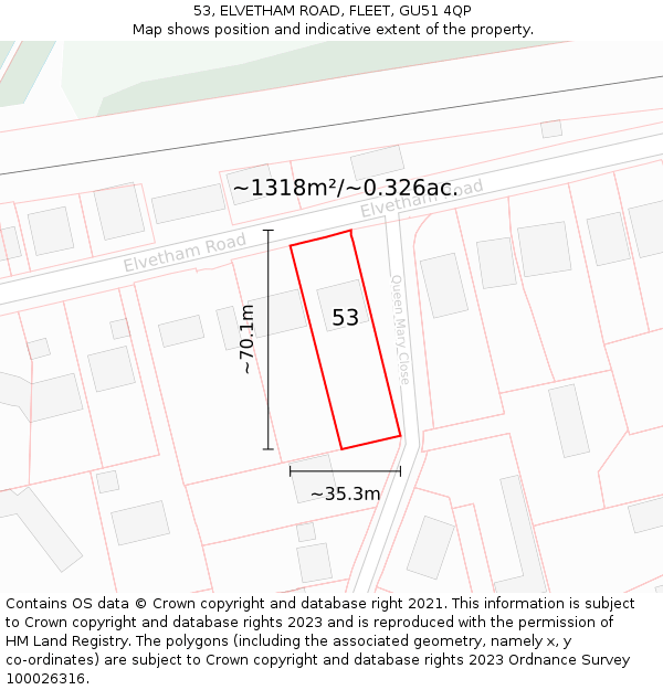 53, ELVETHAM ROAD, FLEET, GU51 4QP: Plot and title map