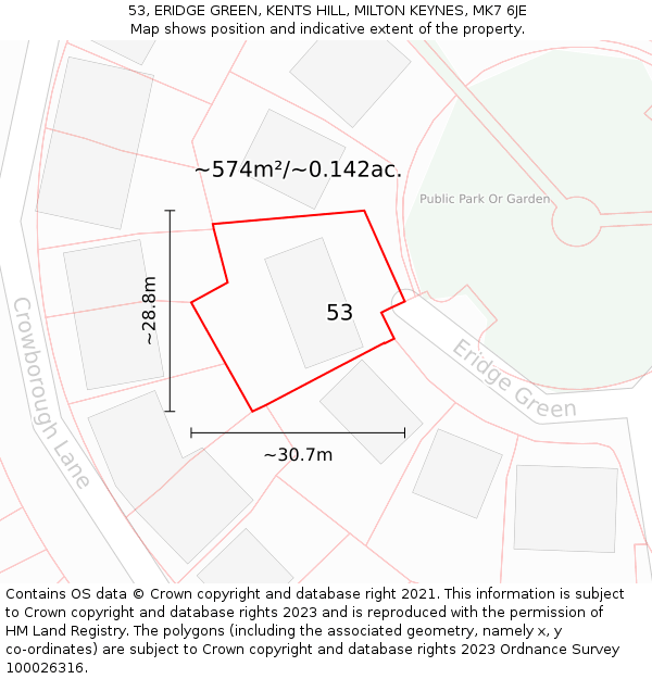 53, ERIDGE GREEN, KENTS HILL, MILTON KEYNES, MK7 6JE: Plot and title map