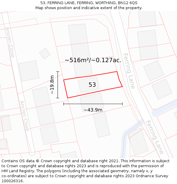 53, FERRING LANE, FERRING, WORTHING, BN12 6QS: Plot and title map