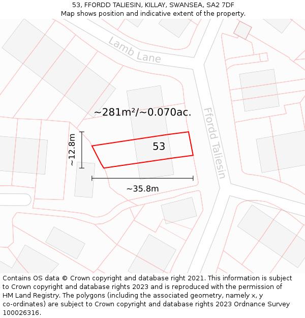 53, FFORDD TALIESIN, KILLAY, SWANSEA, SA2 7DF: Plot and title map