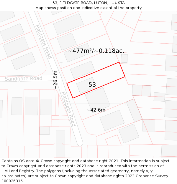 53, FIELDGATE ROAD, LUTON, LU4 9TA: Plot and title map