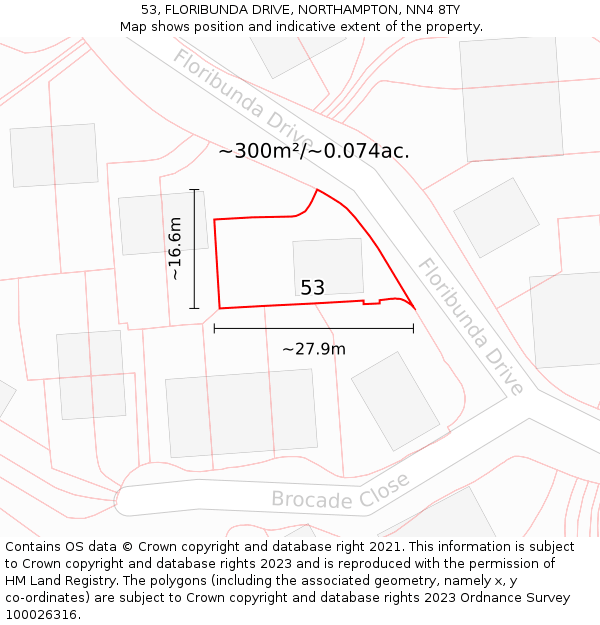 53, FLORIBUNDA DRIVE, NORTHAMPTON, NN4 8TY: Plot and title map